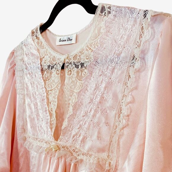 Christian Dior Vintage 80s Pale Pink Satin Lace Embroidered Nightgown Sz XL - Picture 4 of 16